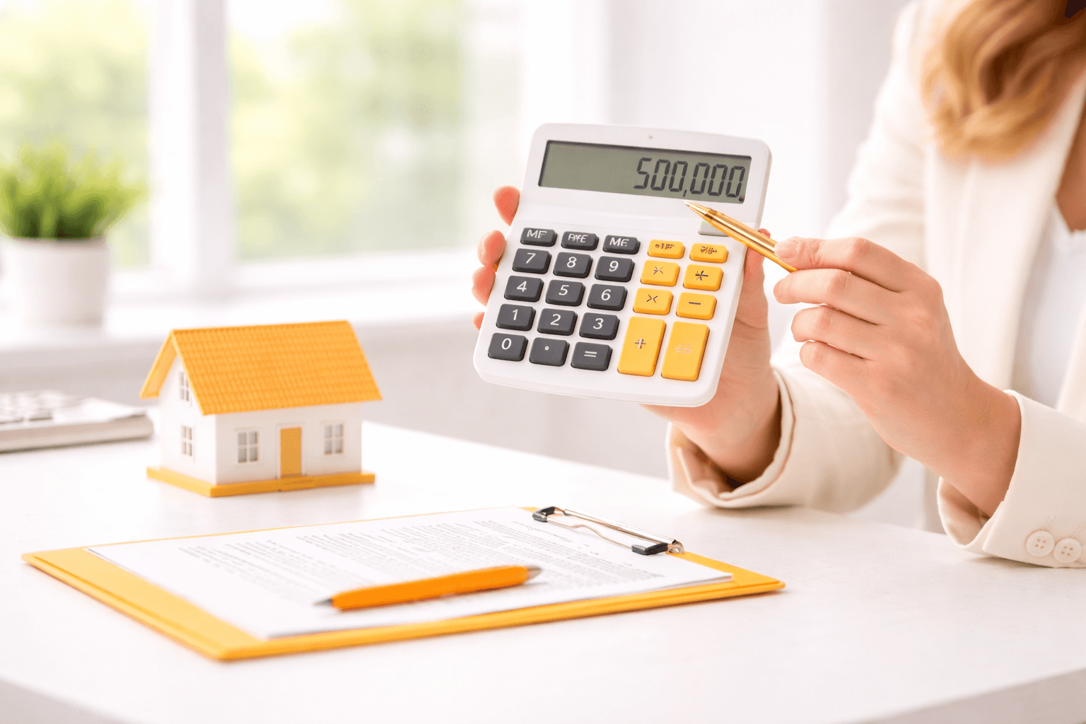 Female real estate advisor showing property costs with calculator