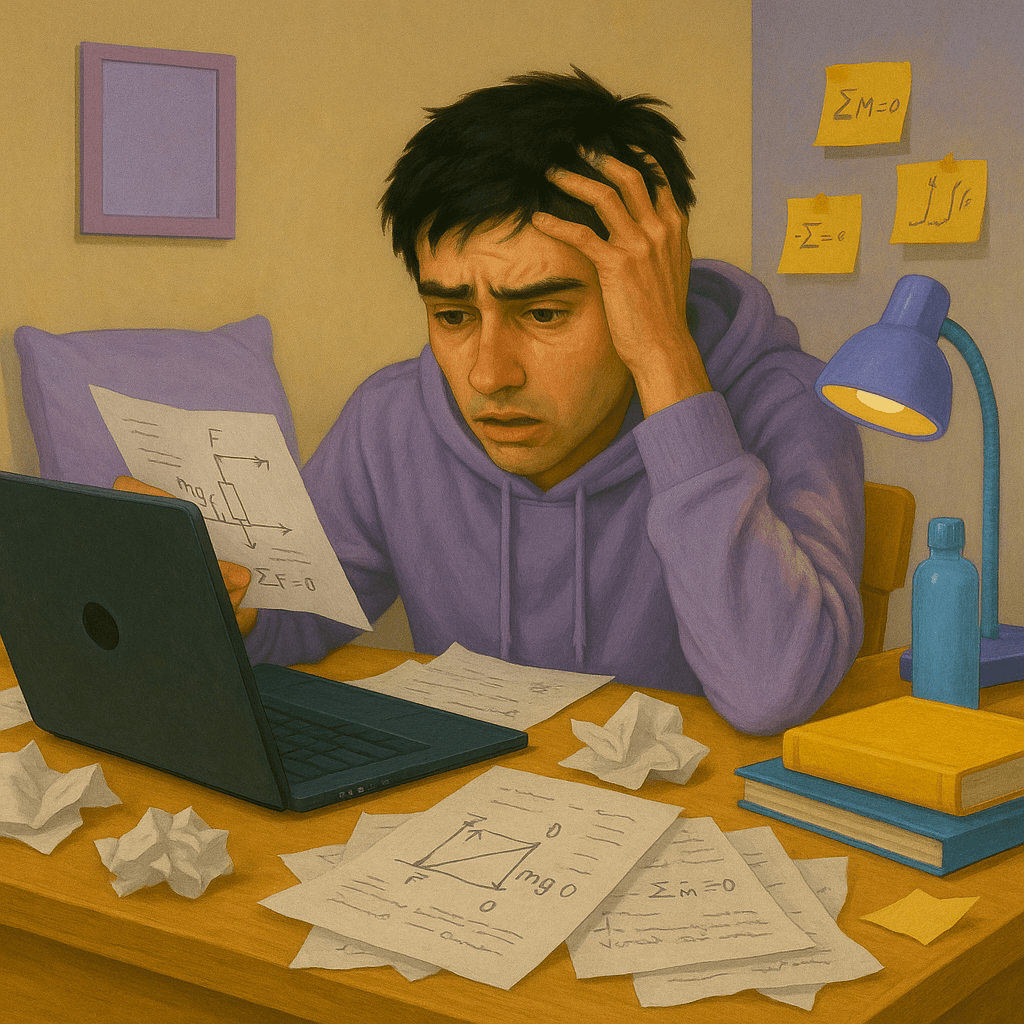 An image of a male student called Peter with a grimaced expression as he attempts to revise from his incomplete notes.