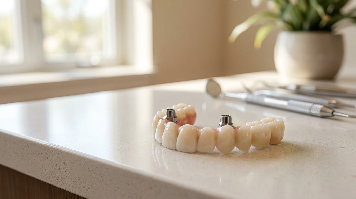 A dental model showing a full-arch implant bridge anchored on titanium posts.