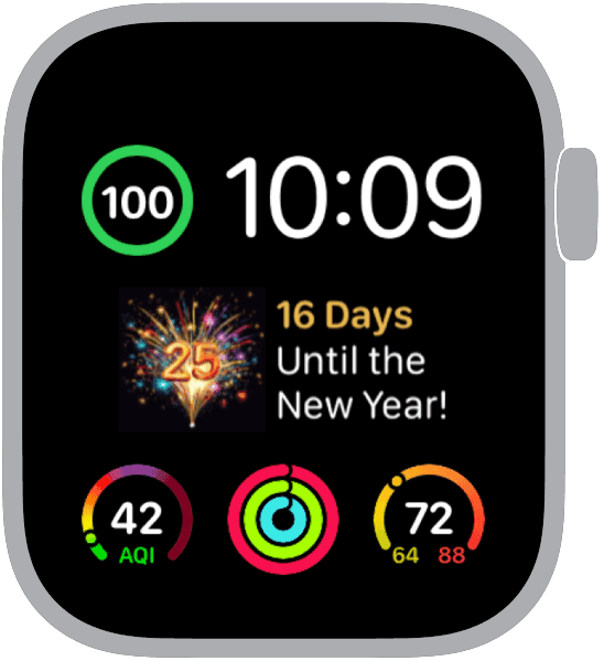 New Year Countdown Apple Watch face in black and gold with confetti