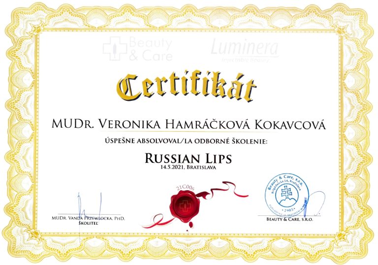 Certifikát pre MUDr. Veroniku Hamráčkovú Kokavcovú o absolvovaní odborného školenia techniky zväčšenia pier Russian Lips