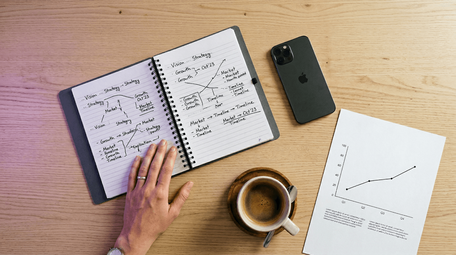 Overhead view of a communications strategist's desk with notes and planning materials