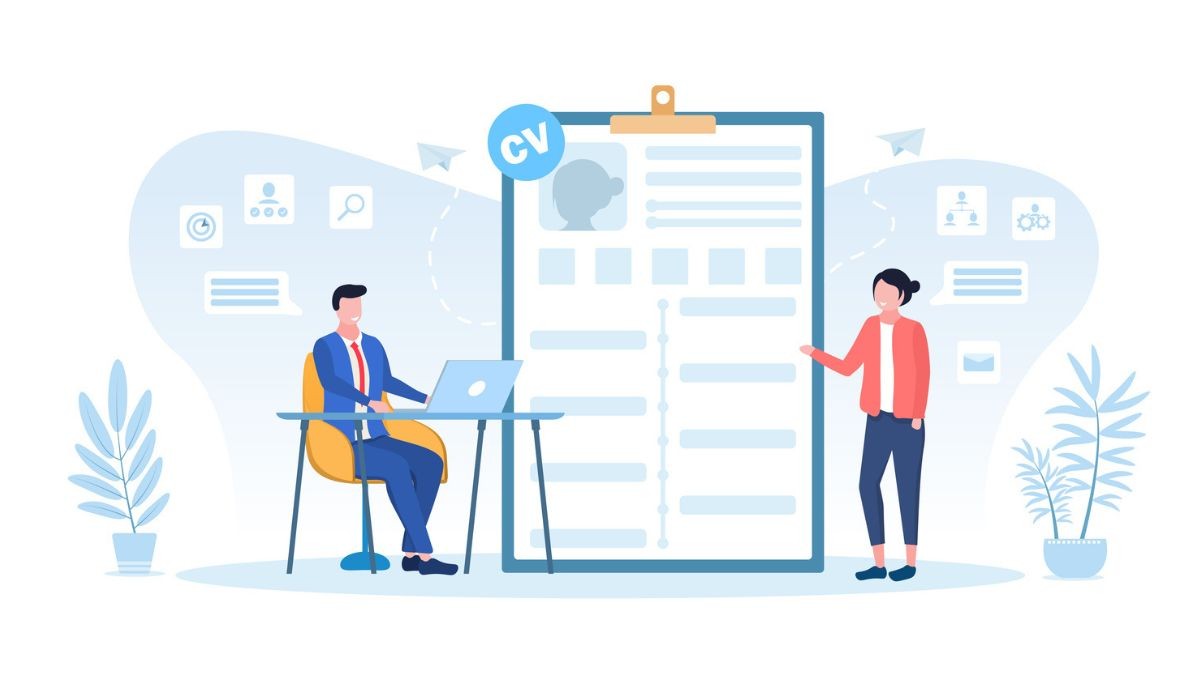 Illustration of a woman seated at a desk working on a computer, holding a paper while a large monitor behind her shows a rocket launch, surrounded by floating dollar signs, gears, paper airplanes, and a light bulb.