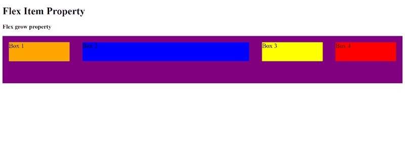 Four flex items being contained in a flex container with flex-grow property applied