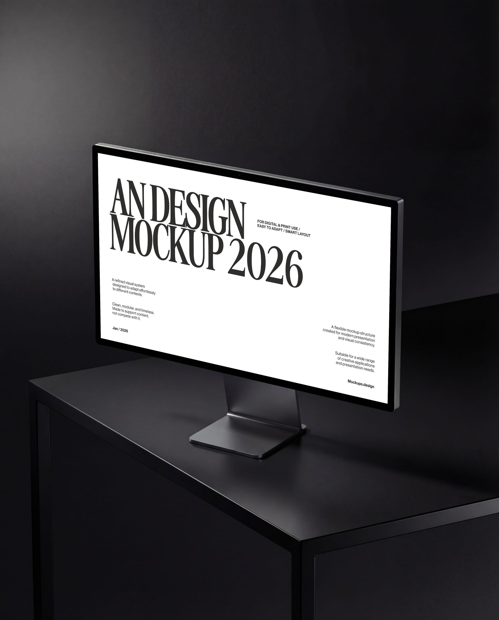Display mockup on dark sleek background, realistic setup