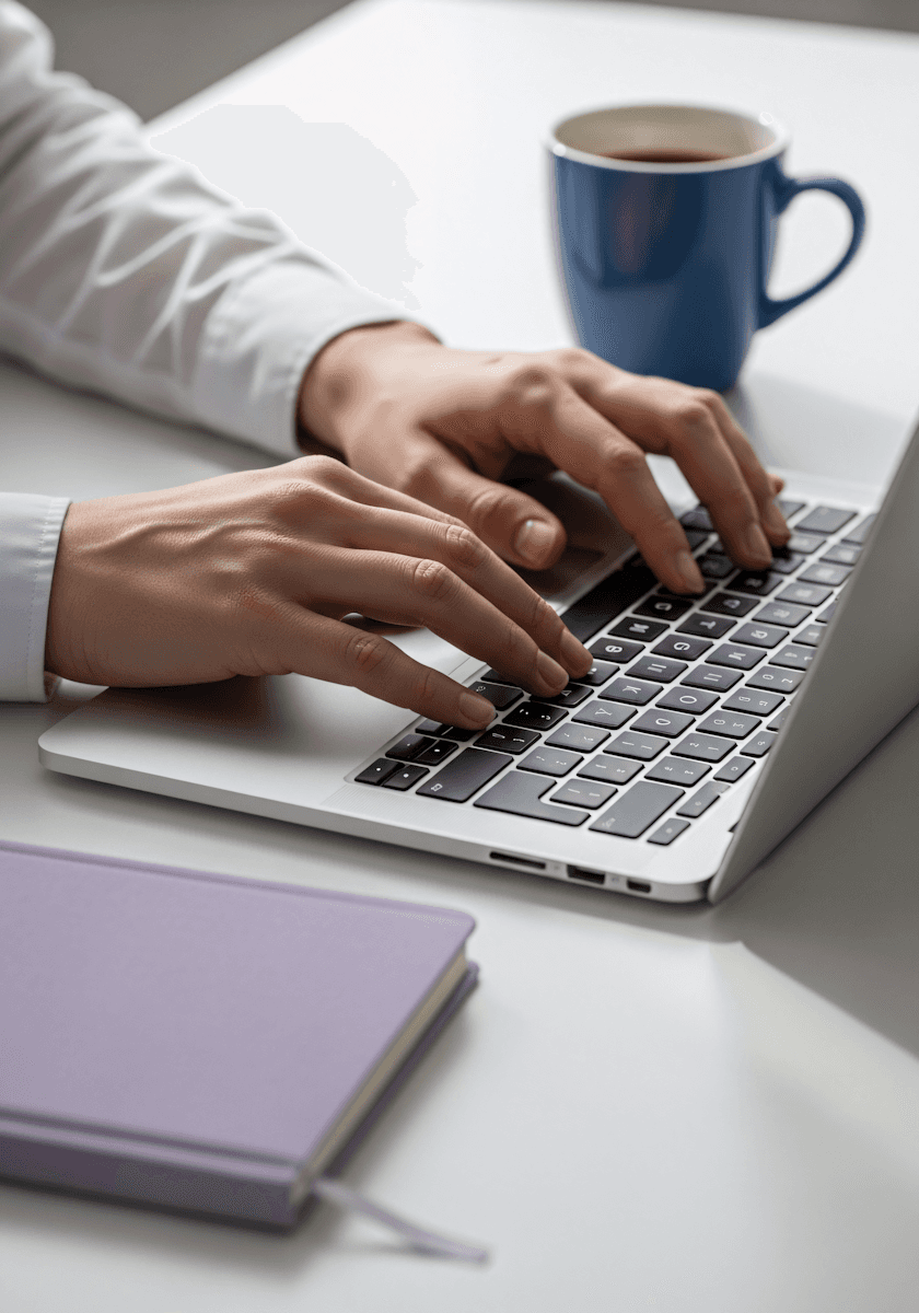 Hands typing on a laptop keyboard, with a blue coffee mug and a lavender notebook on a white desk.