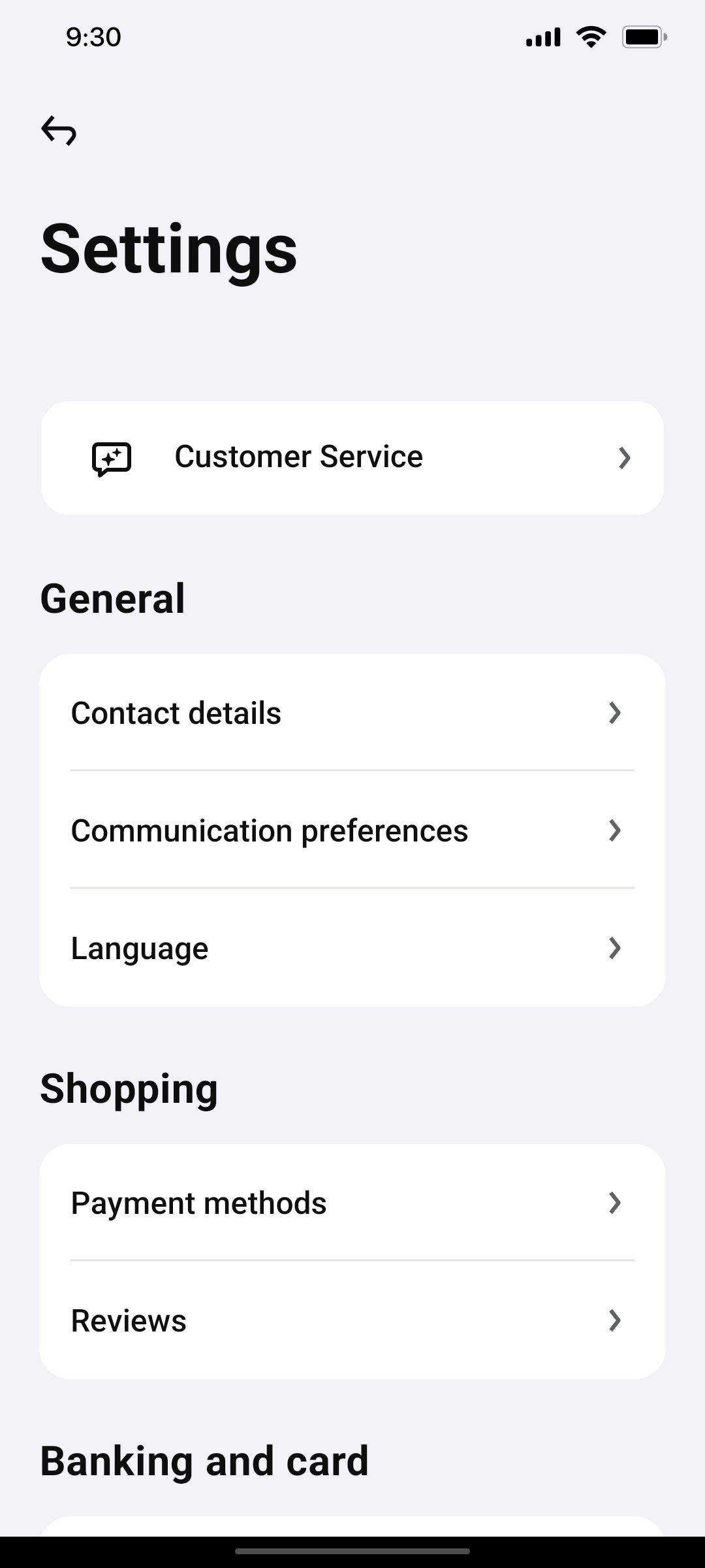 Klarna Setting page Screen