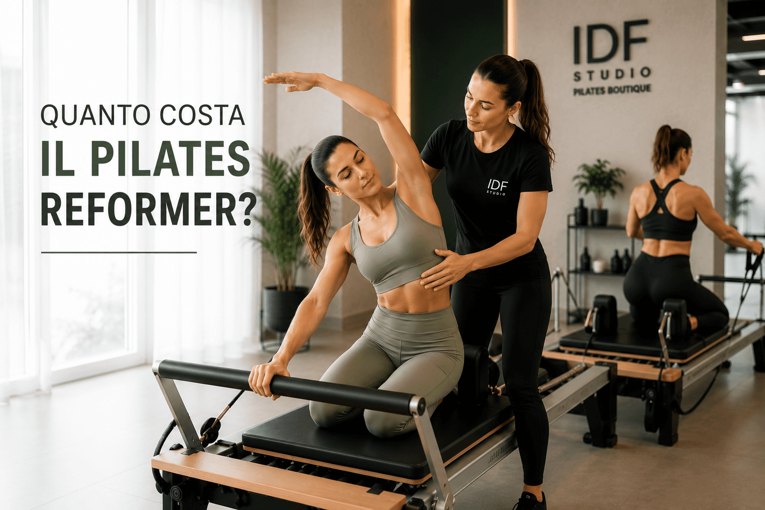 Istruttore di Pilates Reformer che segue una cliente durante una lezione personalizzata presso IDF Studio.