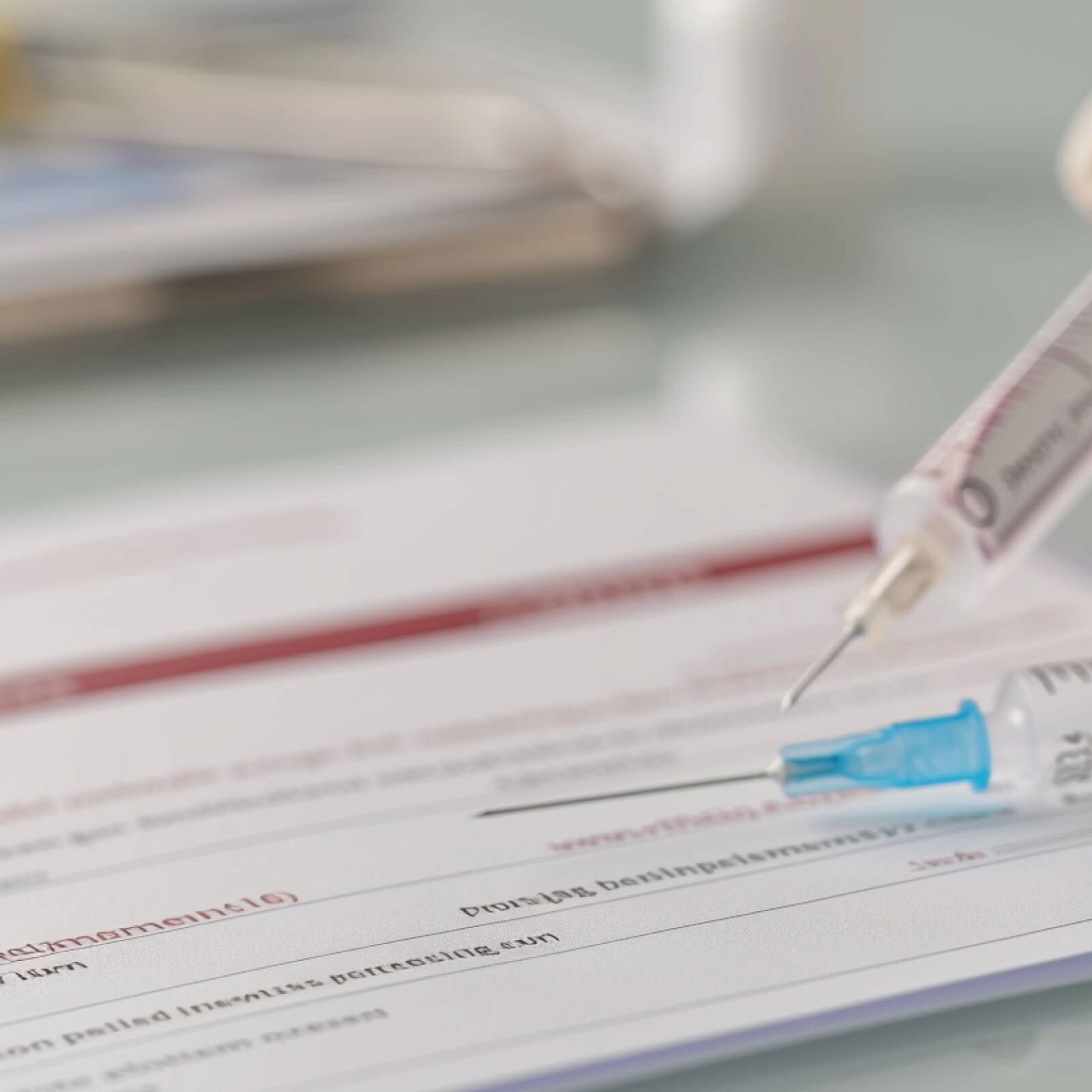 Detail eines Rezeptesa auf dem eine Spritze liegt und eine weitere gehalten wird