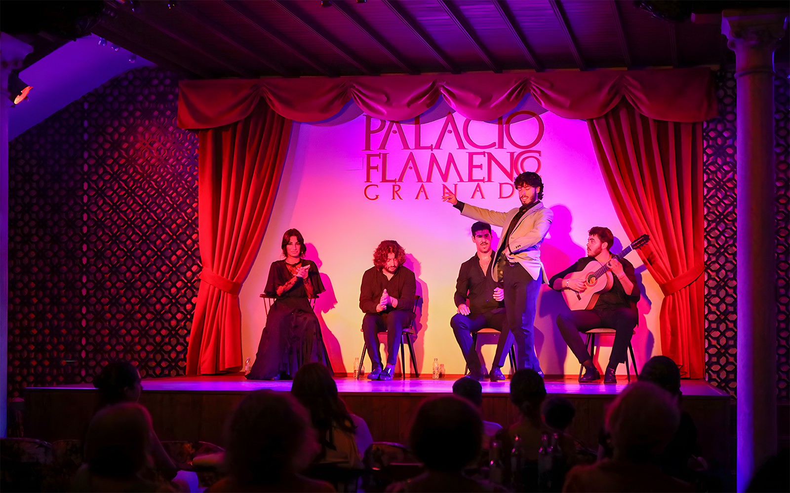Flamenco-utøvere på scenen ved Palacio Flamenco Granada-forestillingen.