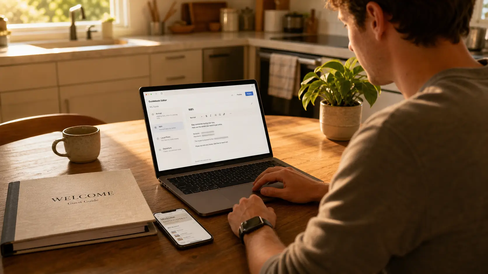 Un anfitrión en la mesa de la cocina con una laptop que muestra un editor de guías digitales junto a una carpeta impresa cerrada.