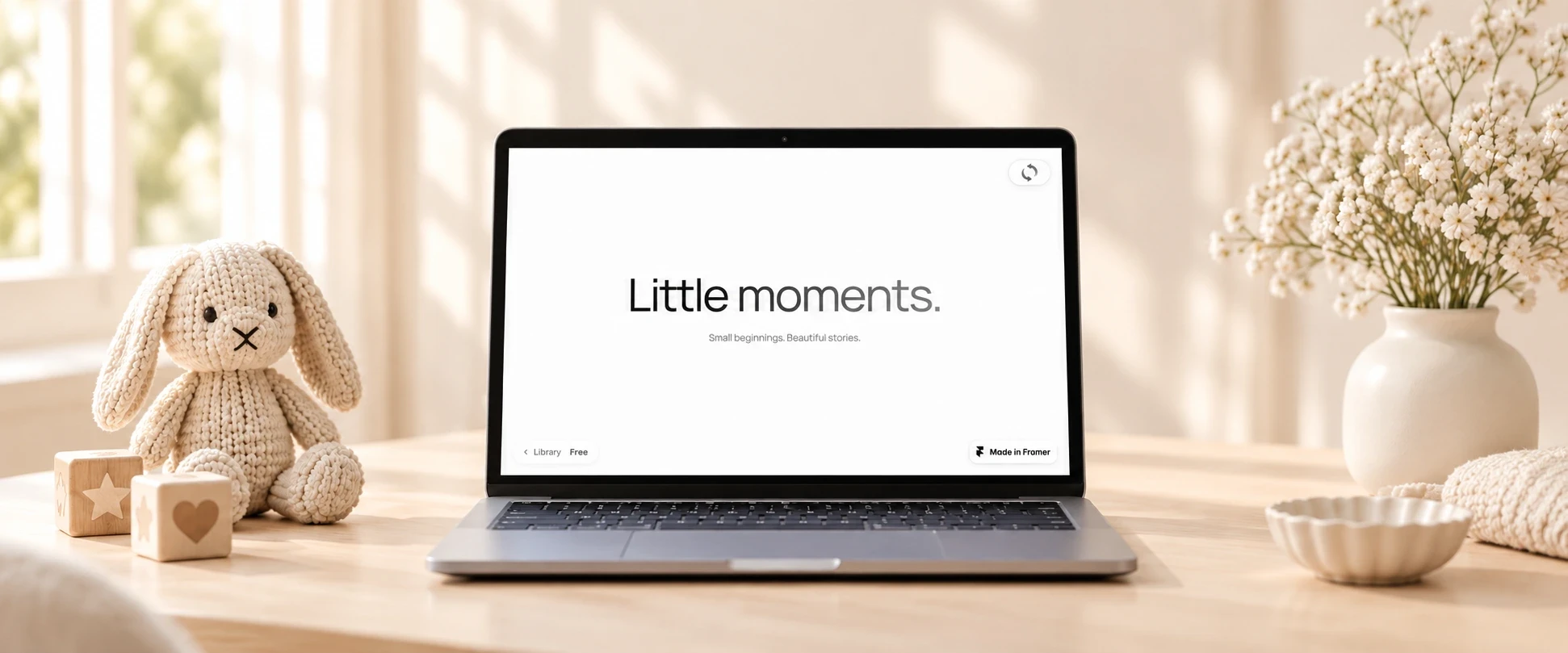Gradient Text auf einem Laptop neben einem cremefarbenen Strickhasen; Little moments. als sanfter Textverlauf.