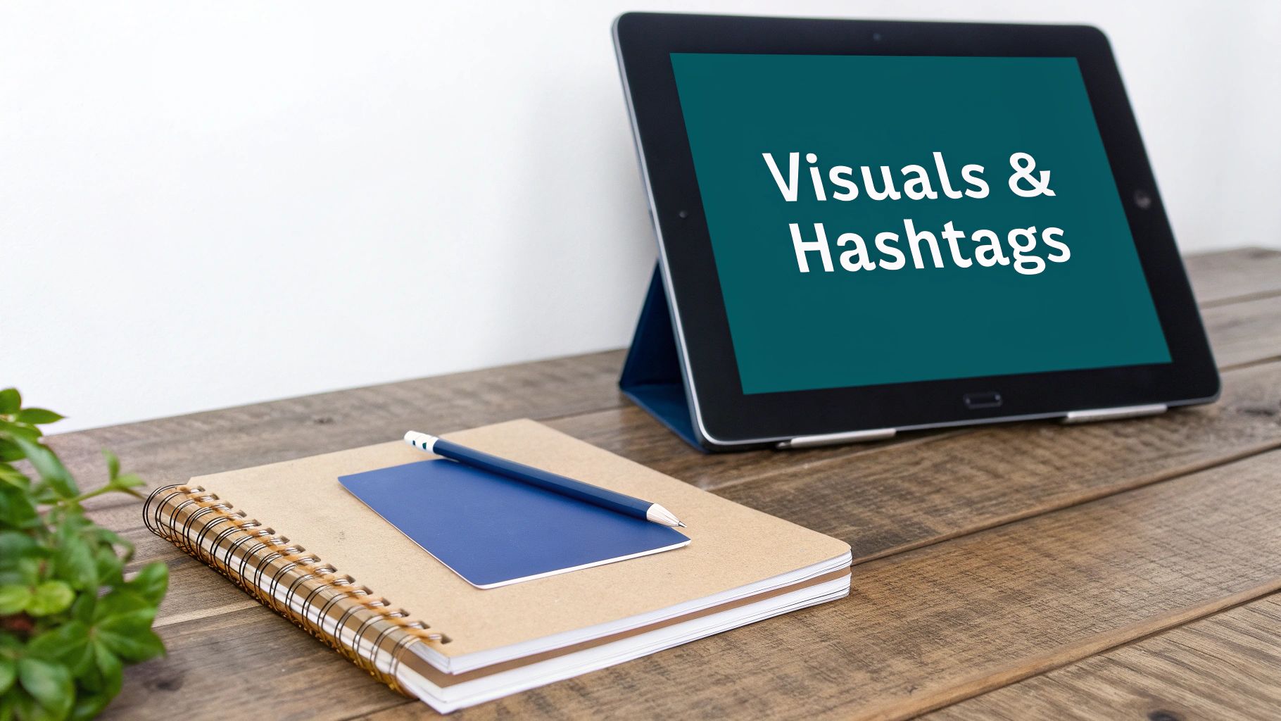 A tablet displaying 'Visuals & Hashtags' sits on a wooden desk with a notebook and pencil.