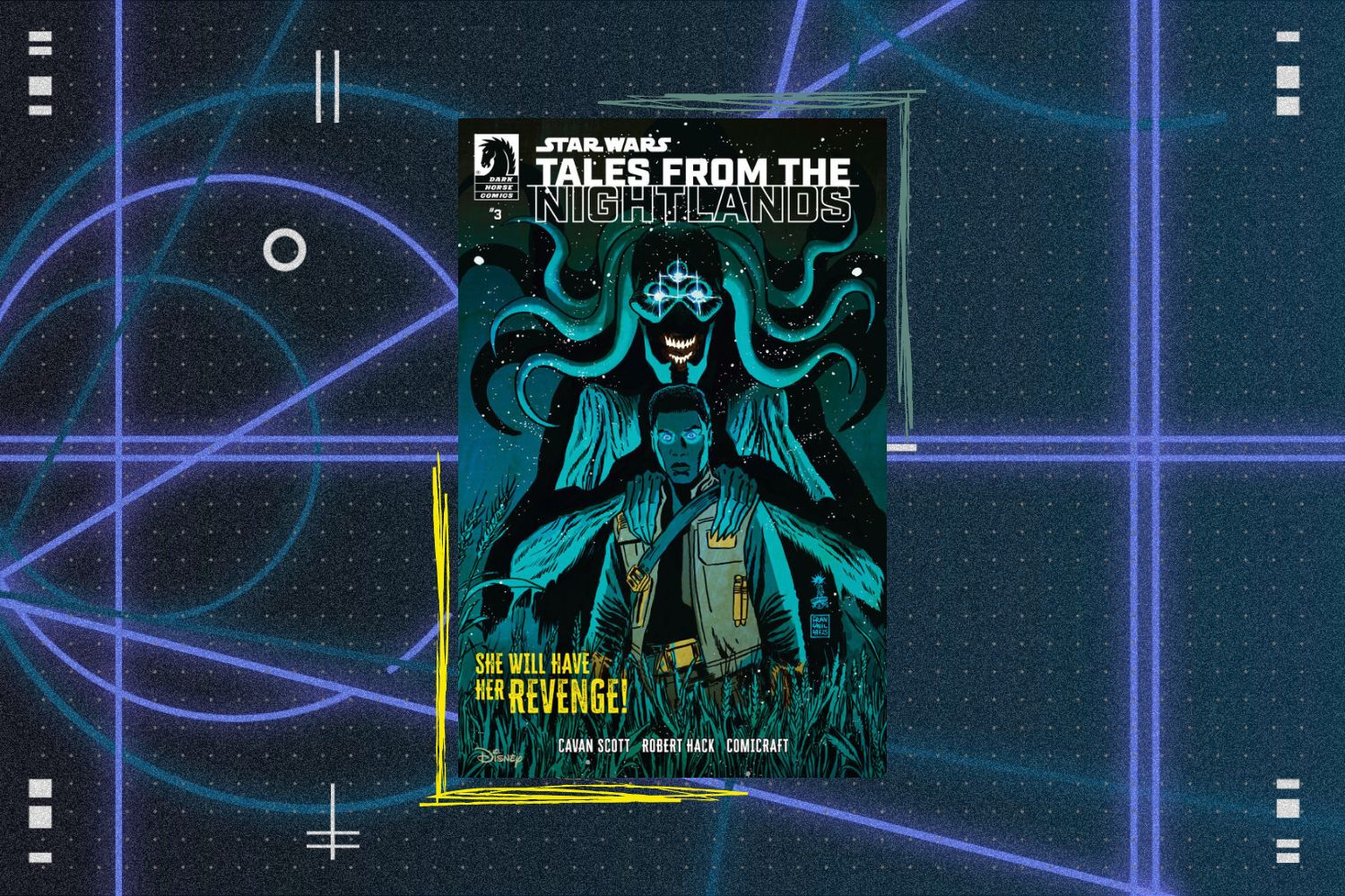 Cover for Star Wars: Tales from the Nightlands #3 featuring Finn being taken over by the Nightlander. The cover is in front of a blue geometric background