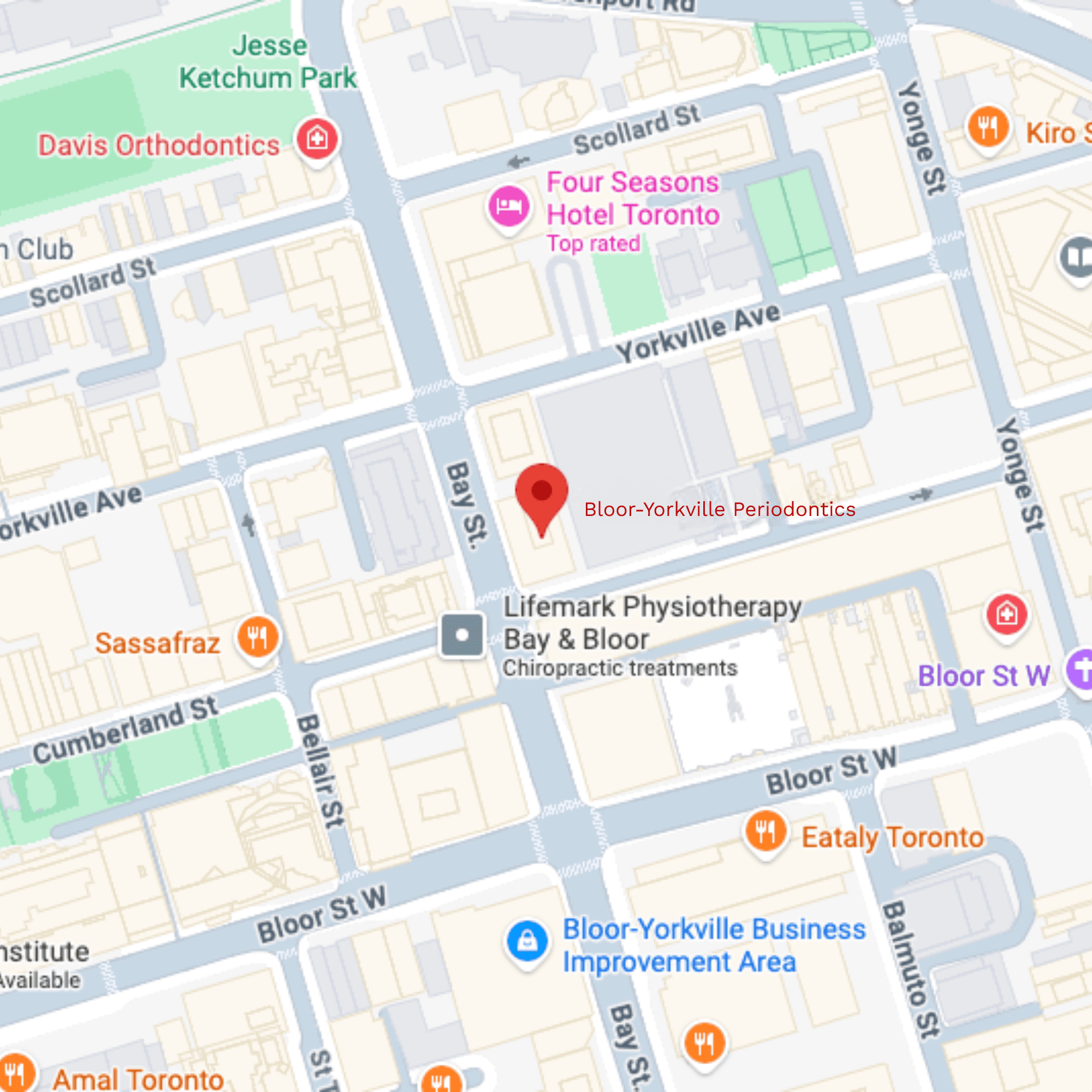 Google Maps location of Bloor-Yorkville Periodontics at the corner of Bay and Bloor St. in Toronto, Ontario
