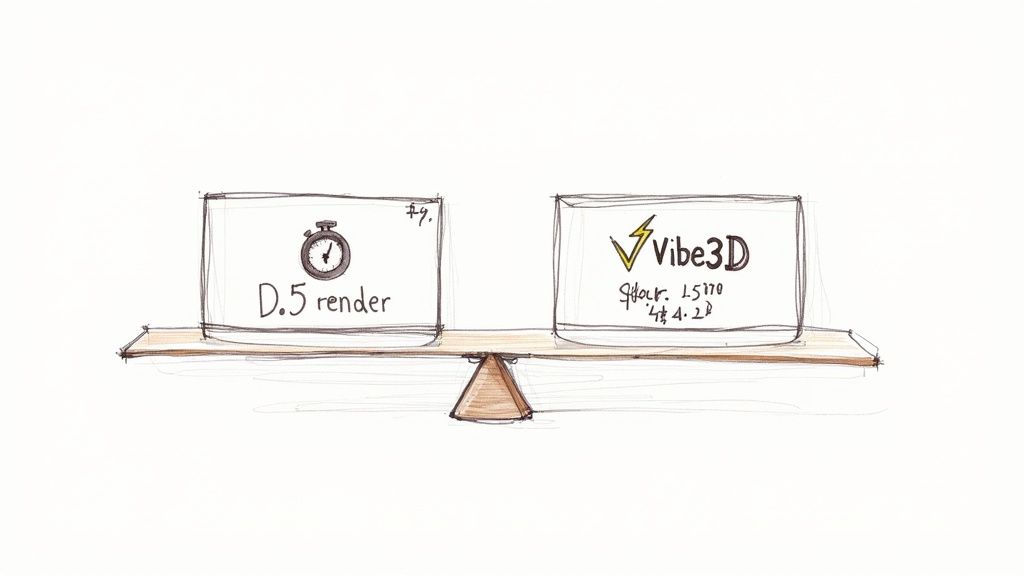 Seesaw balancing D.5 render and Vibe3D software comparison illustration showing rendering alternatives