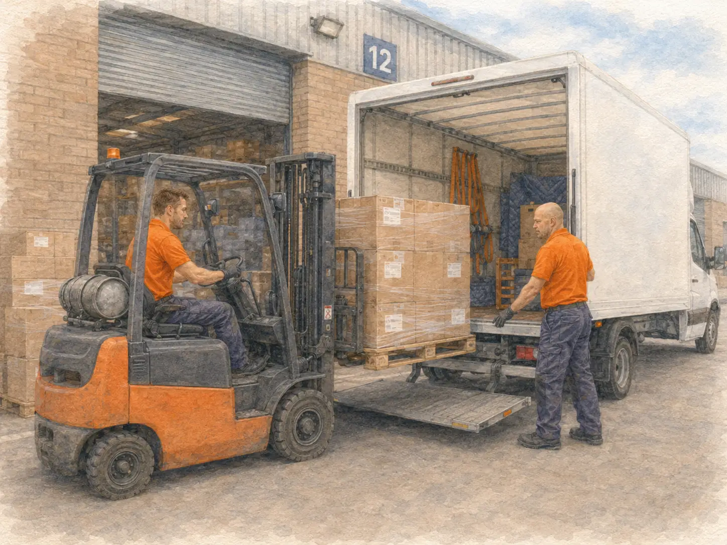 a pallette is loaded into a large van with a forklift truck