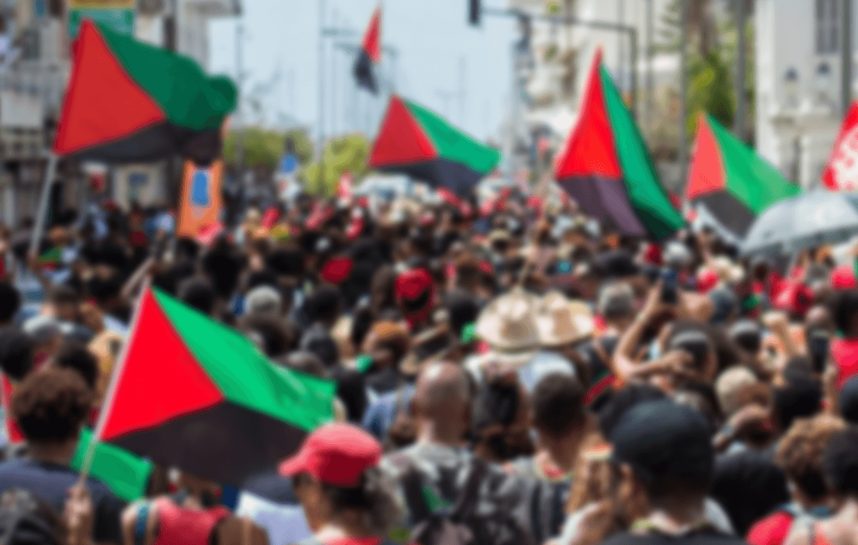 Manifestation en Martinique avec pleins de drapeaux rouge vert noir levés.