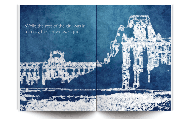 An opened book depicting a drawing of a white building on a blue background.