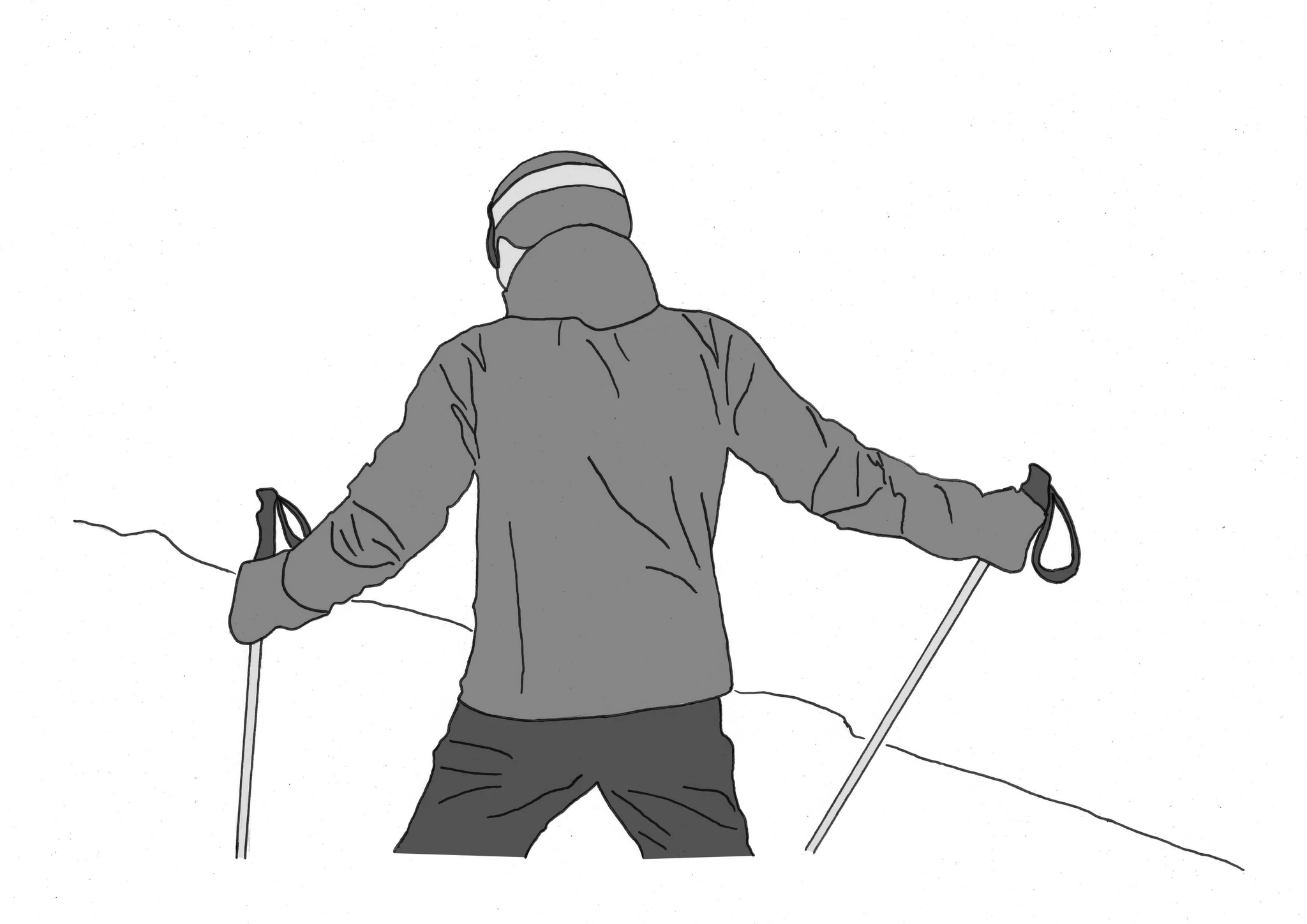 Illustration eines Skifahrers von hinten, der mit ausgebreiteten Armen und Skistöcken die Piste hinabblickt