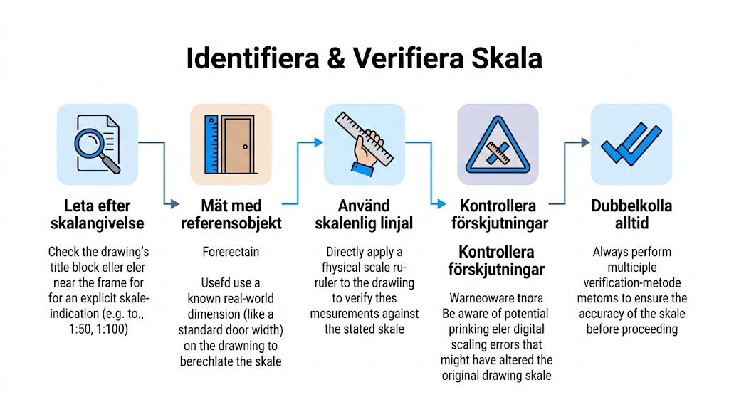 Illustration som visar fem steg för att identifiera och verifiera skalan på en ritning.