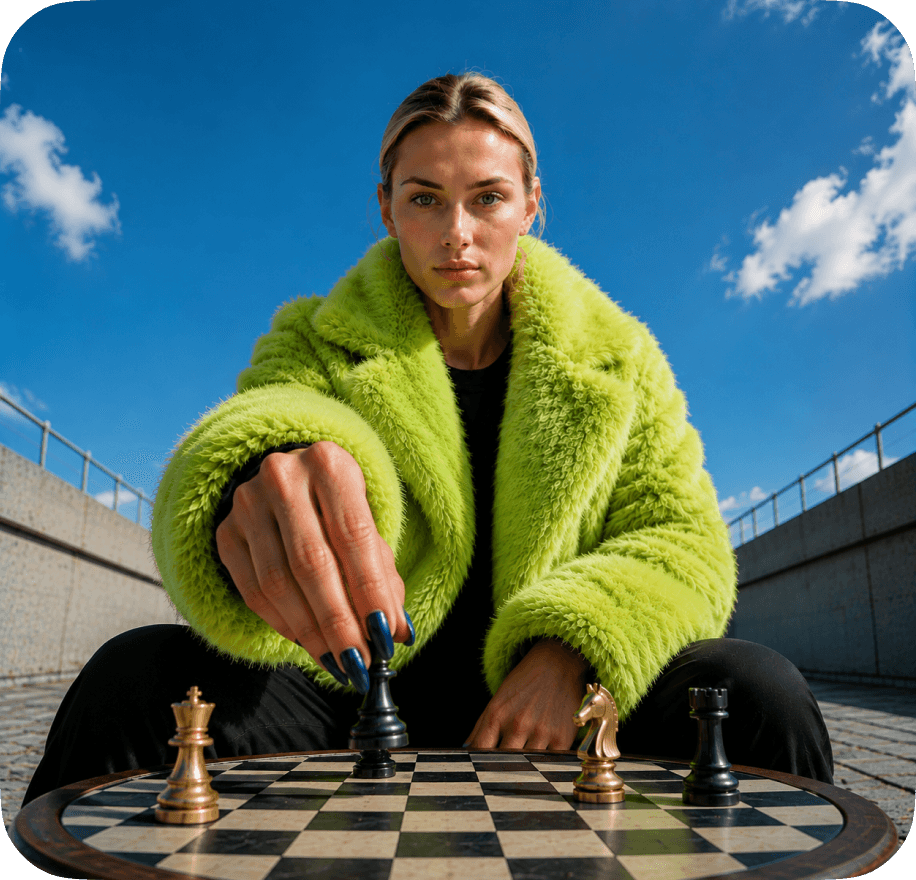 woman in a lime fur coat making a move on a chessboard