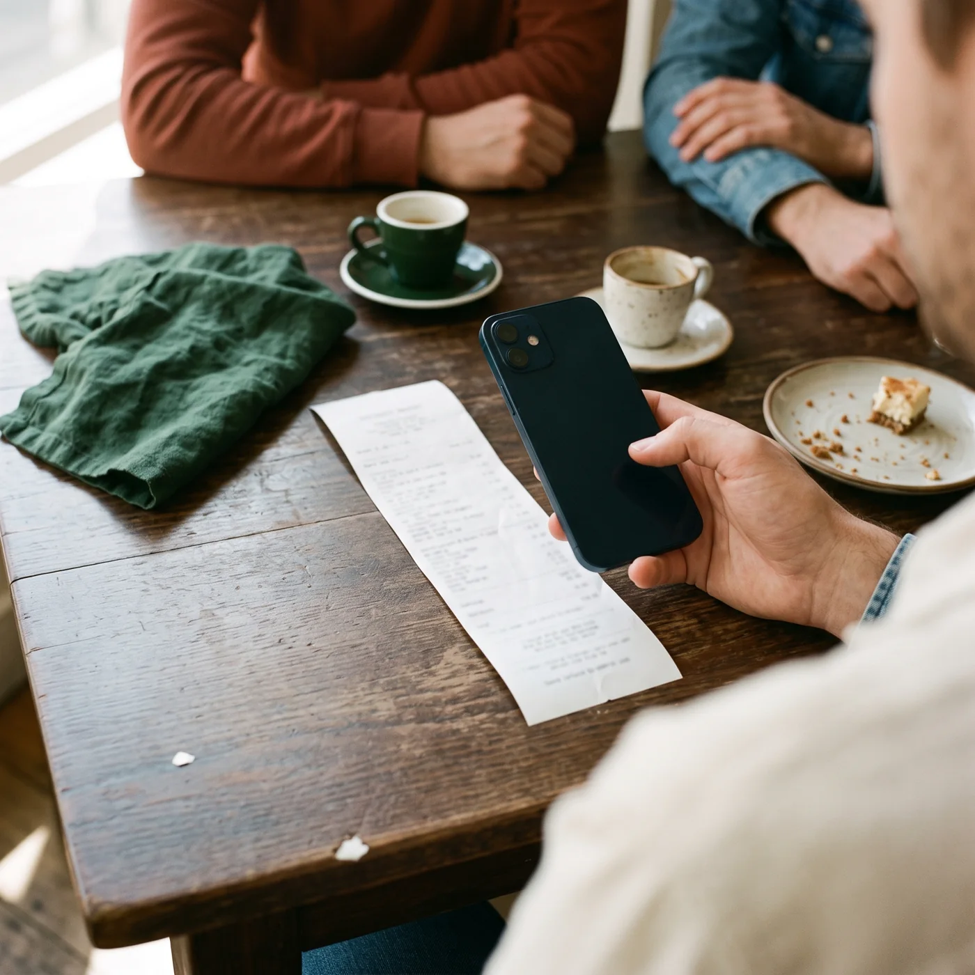 A phone held over a restaurant receipt on a wooden table
