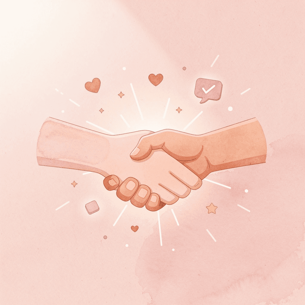 Illustration of hands connecting with floating symbols representing the Arabic morning greeting culture