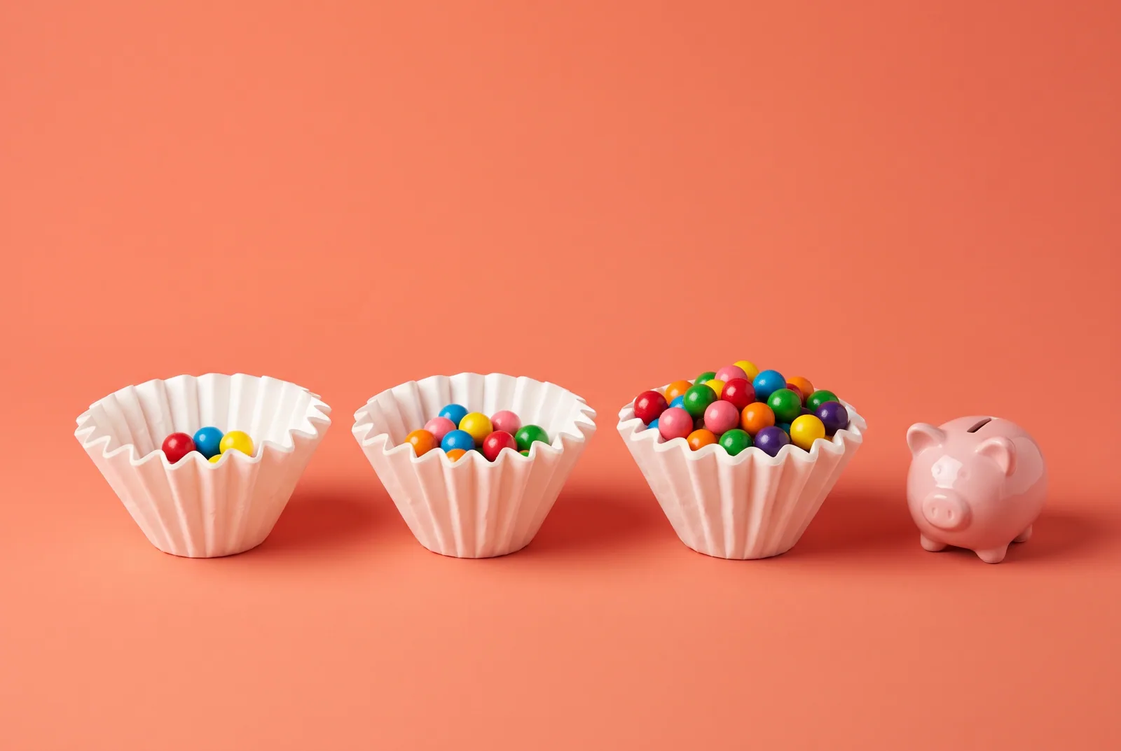 Three coffee filters catching gumballs beside a piggy bank, comparing paid parental controls that block porn