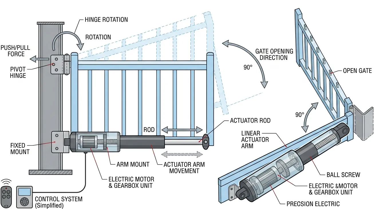Working principle of an automatic swing gate opener with actuator arm