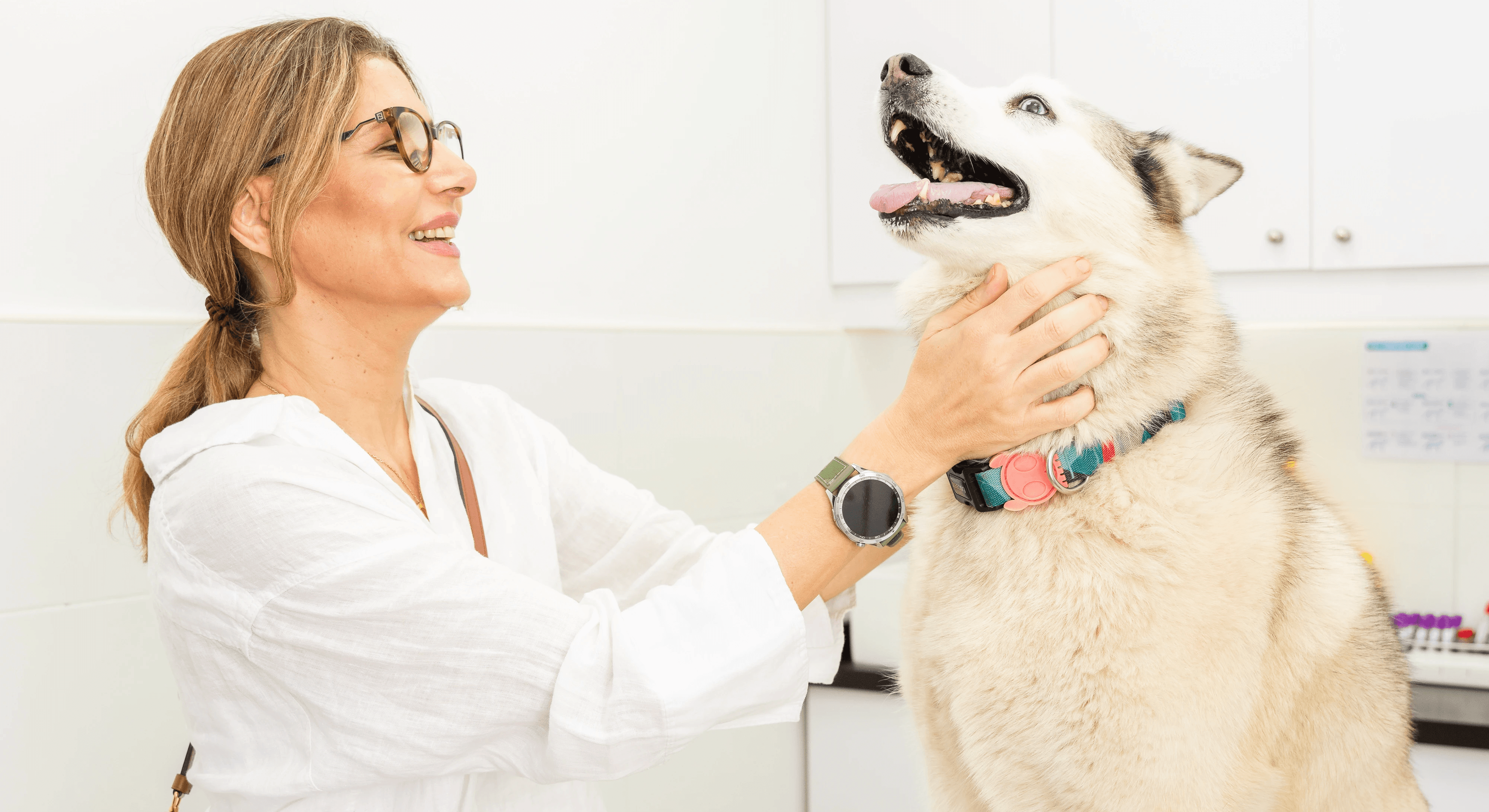 A dog owner with her pet dog at the vet clinic after treatments for an underlying health issues causing tripping and stumbling.