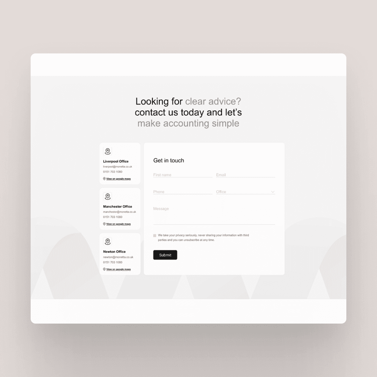 Accounting firm website contact page with form and office locations.