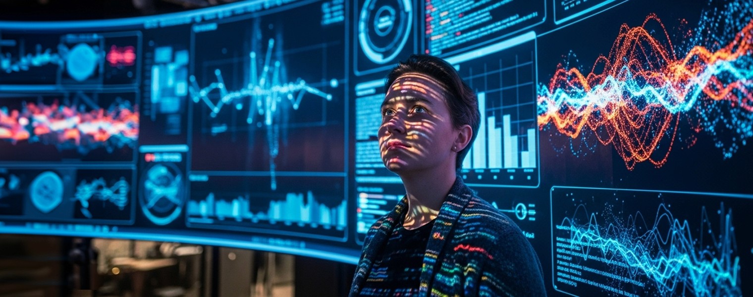 A person looking at some futuristic monitors.