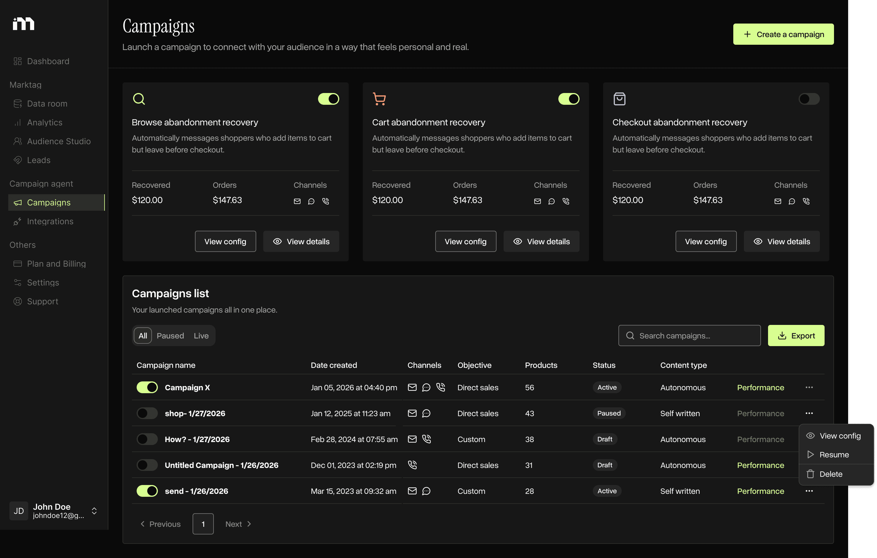 Markopolo AI campaign section interface for automating marketing
