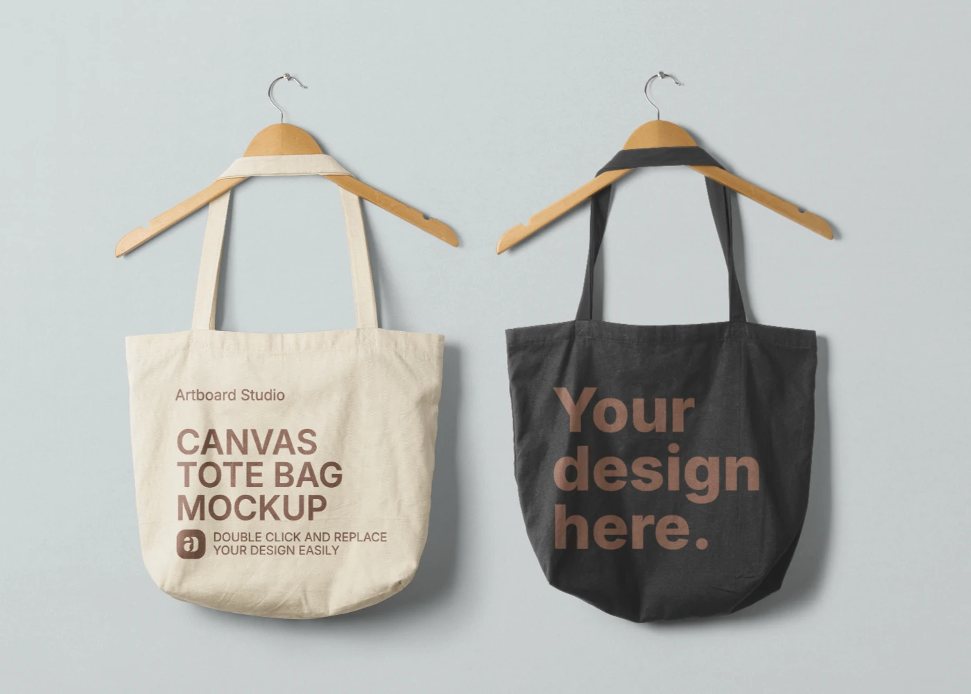 Canva tote bag mockups hanging on the wall