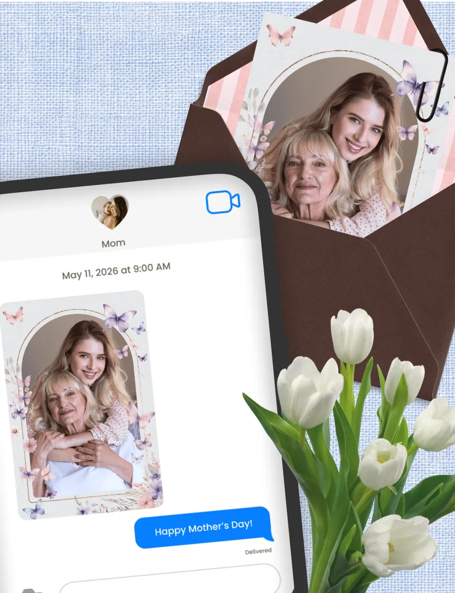 Digital Mother's Day greeting card being sent from a phone next to a printed version and a tulip bouquet