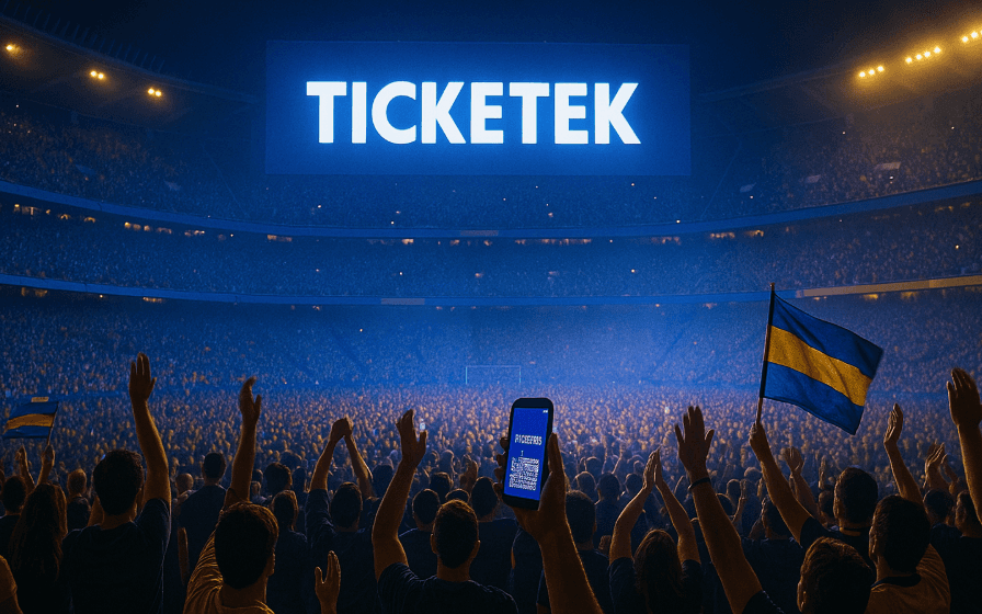 La multitud espera. En las pantallas del estadio, Ticketek ilumina la noche con los colores azul y amarillo que acompañaron décadas de espectáculos en Argentina.