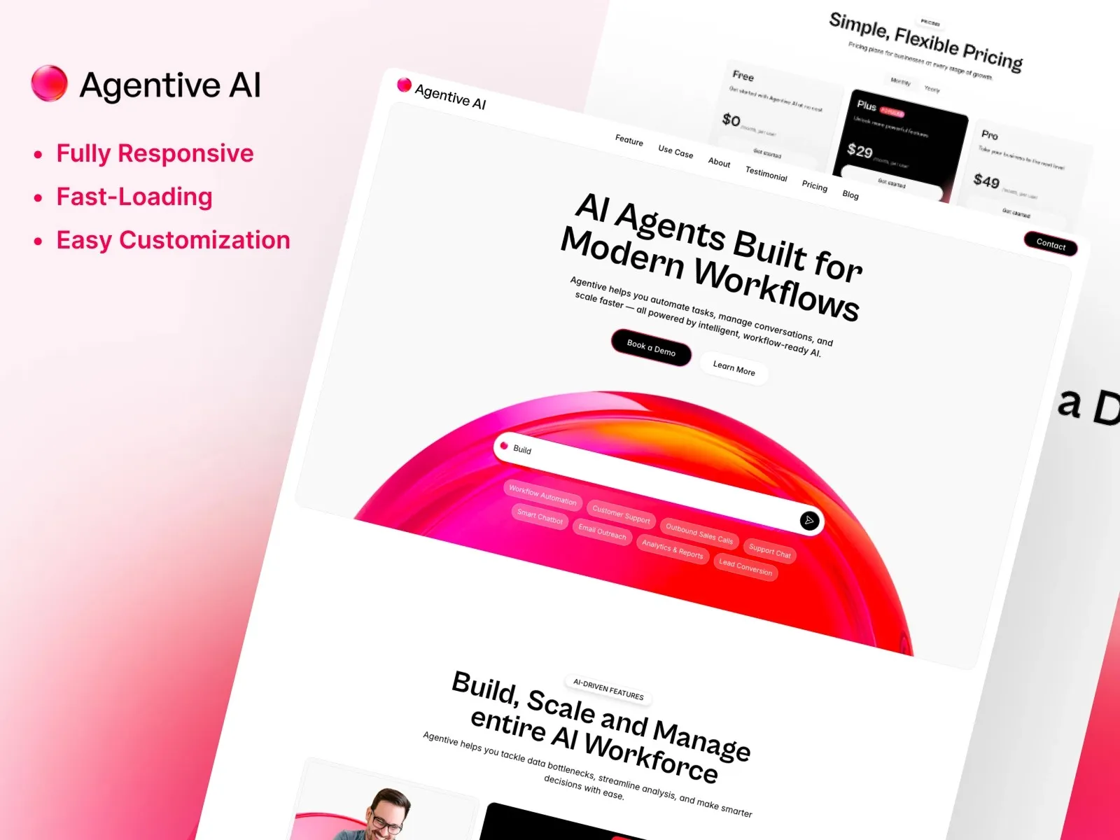 Agentive AI website features modern, customizable, and responsive design.