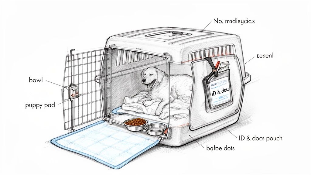 A sketch of a golden retriever inside a travel dog crate with bowls, a puppy pad, and ID pouch.
