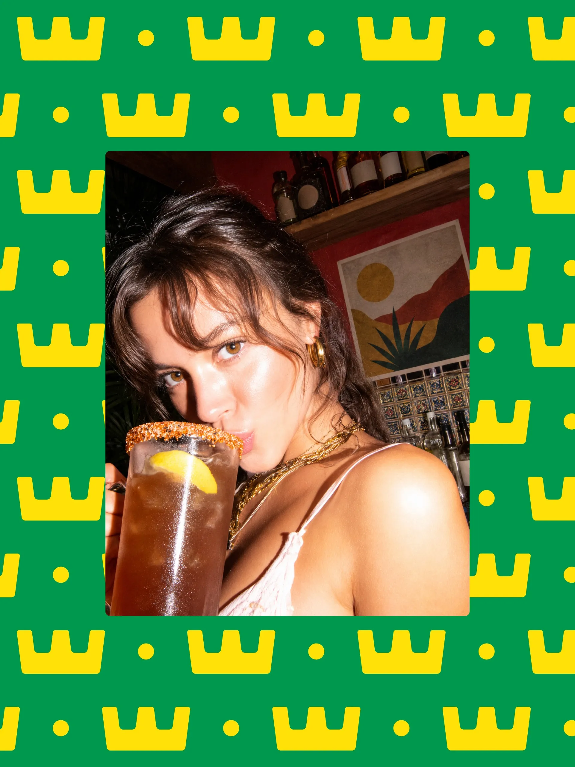 Woman drinking a michelada framed by a green Sagrada Michelada crown pattern, social media visual