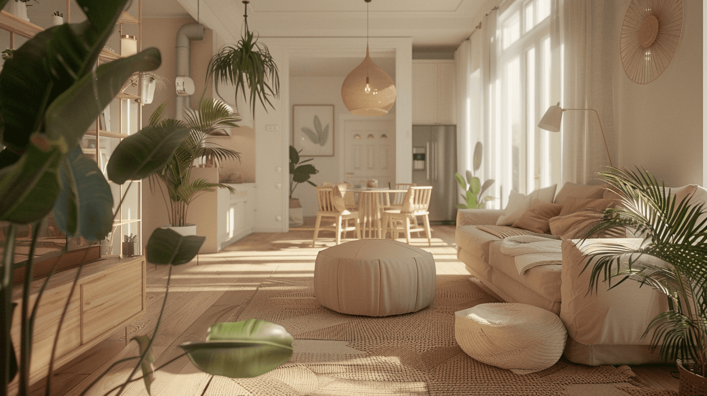 A cozy living room with beige walls, a Scandinavian-style sofa, a wooden coffee table, and minimalistic decor, featuring natural light from large windows.