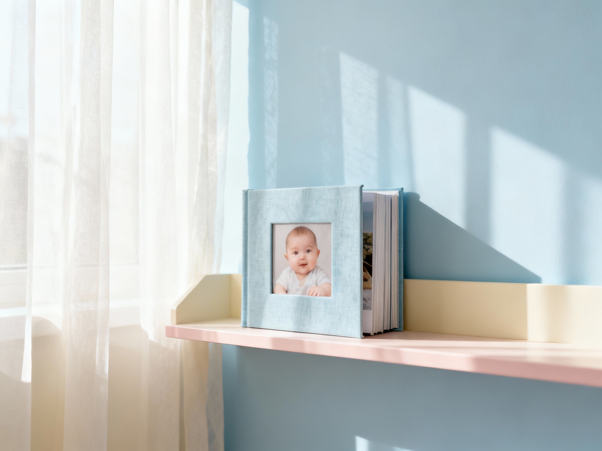 An editorial-style wide landscape photograph of a modern nursery room softly illuminated by diffused