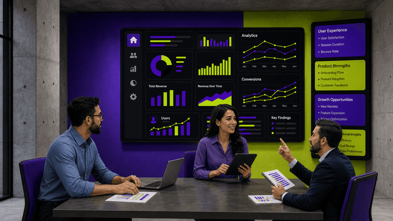 Research team reviewing an AI-powered analytics dashboard that turns qualitative interview data into themes, findings, and actionable insights.
