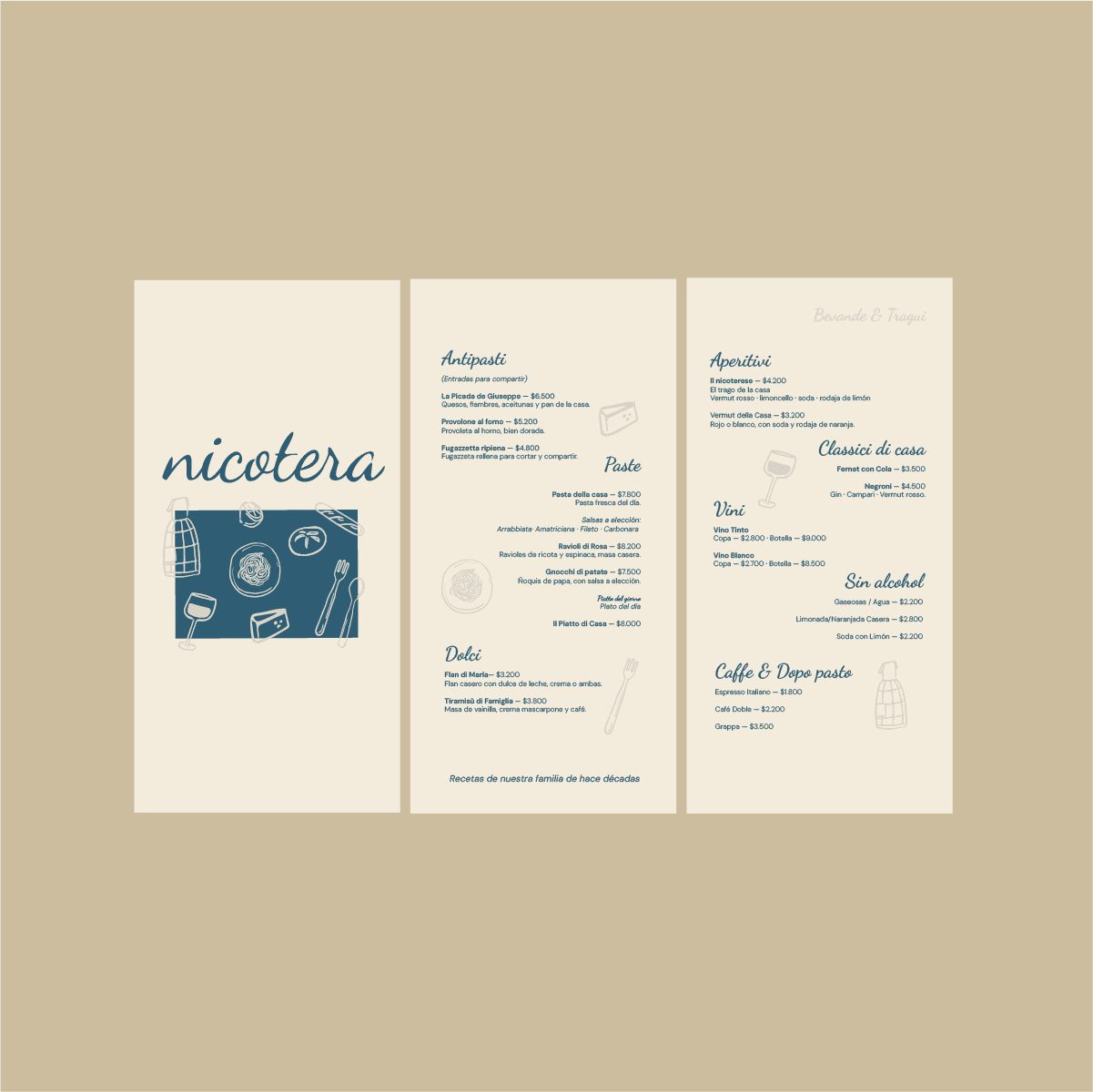 Menu and editorial layout design for Nicotera restaurant branding