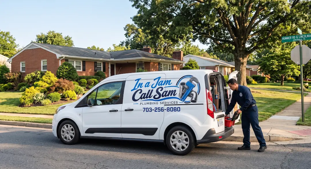 An In A Jam Call Sam plumbing service van parked in a Fairfax, VA neighborhood, ready to dispatch a licensed plumber.