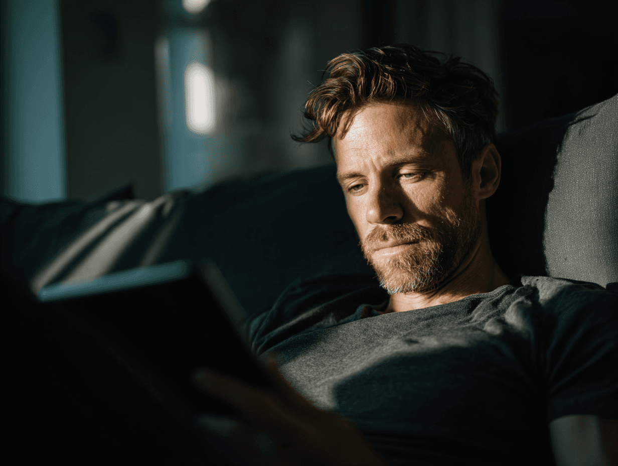 Man looking disappointed at his tablet