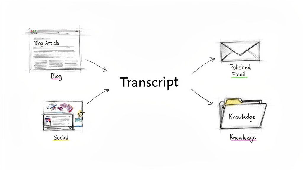 A diagram illustrating how a transcript connects blog and social content to polished emails and knowledge bases.
