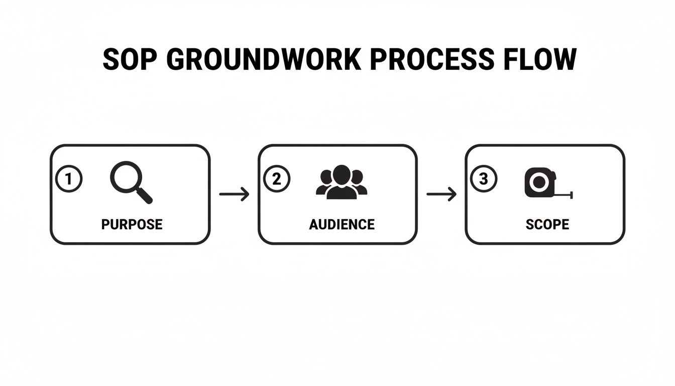 A diagram outlining the SOP groundwork process flow, showing steps for Purpose, Audience, and Scope.