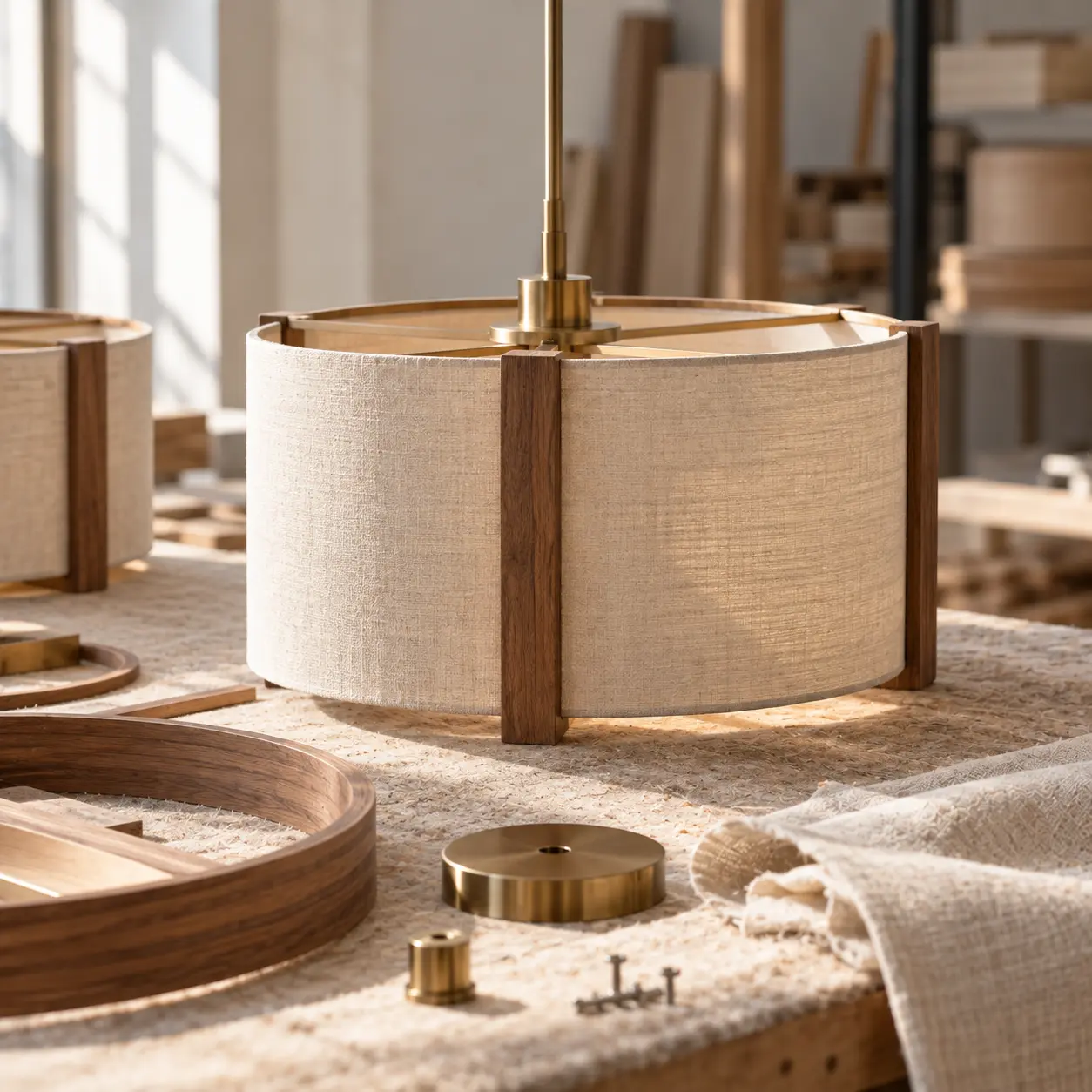 Linen drum lamp shade with oak ribs and brass parts on a lighting workbench