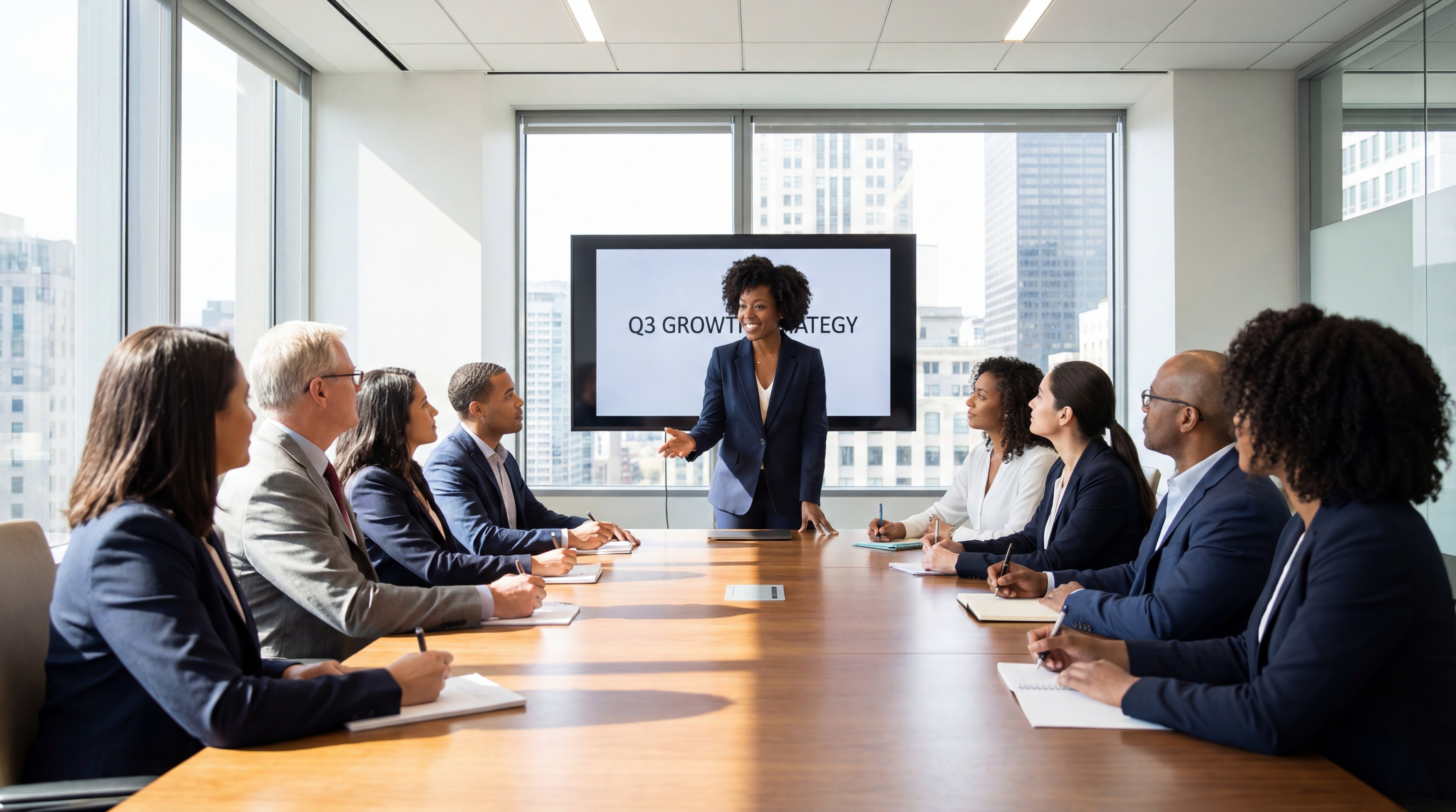 Woman in a board room leading a meeting